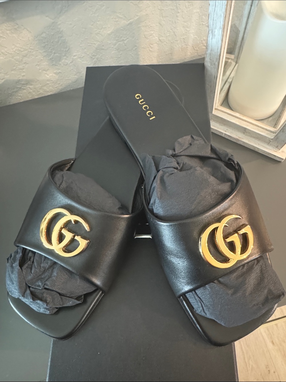 Gucci Black Leather Slide Sandals with Gold Double G